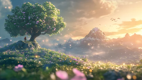 Fantasy hillside blossom tree with luminous alpine vista.