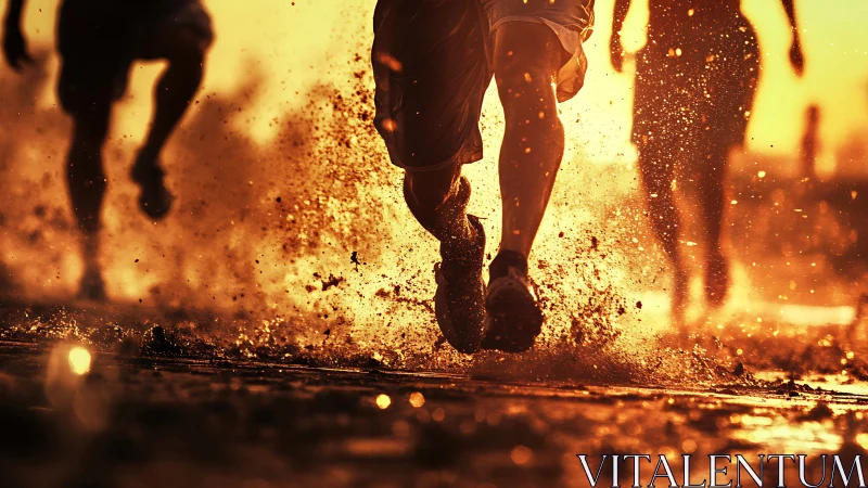 Sunlit runners sprint through water and flying mud.