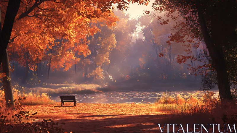 Woodland bench beside calm pond under dense autumn foliage.