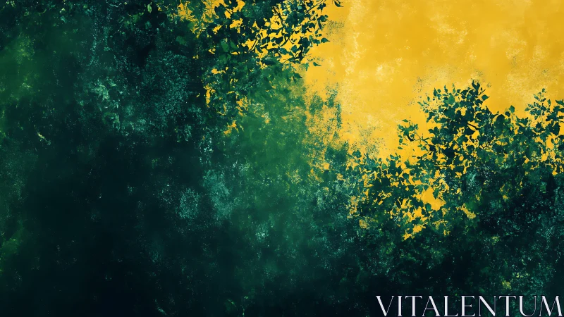 Diffuse forest canopy silhouettes against radiant yellow sky