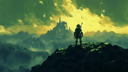 Lone fantasy hero gazes toward stormlit emerald kingdom.