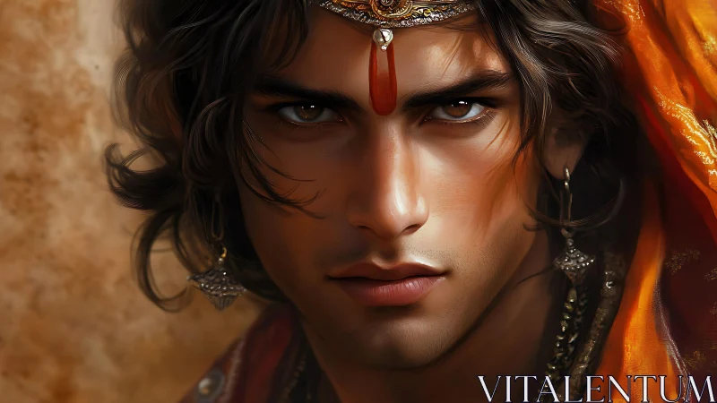 Warm-eyed prince in glowing orange and gold elegance.