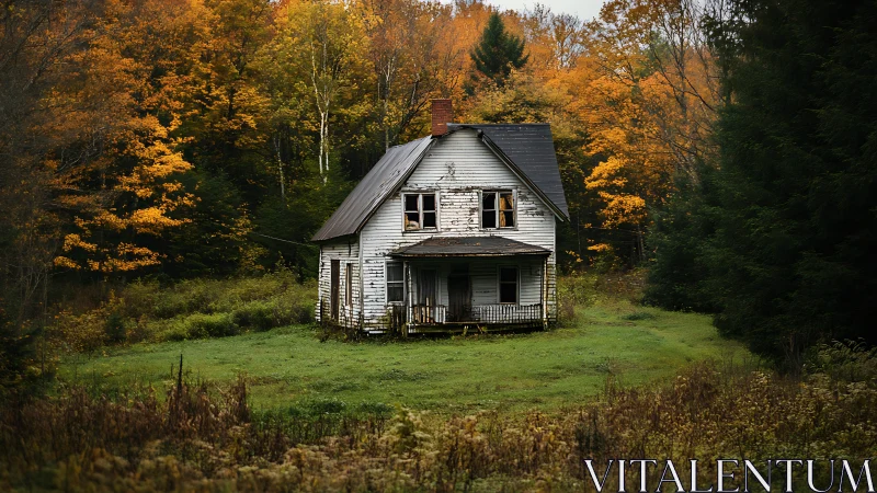 Weathered farmhouse centered in misty autumn forest clearing.
