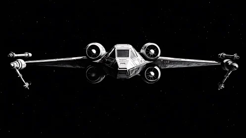 Lone starfighter poised in quiet, endless midnight space.
