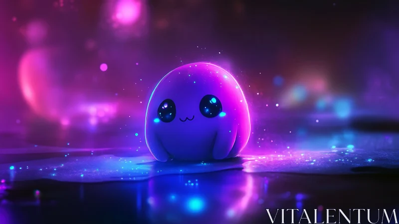 Glowing jelly creature rests on neon reflective surface