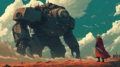 Scarlet wanderer confronts rusted colossus on stormy dunes.