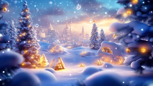 Snow laden Christmas pines with village skyline at twilight