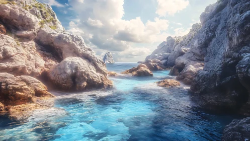 Rocky coastal inlet with clear blue water under daylight