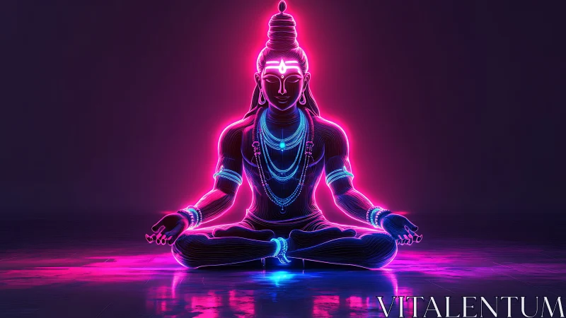 Neon outlined meditative figure in seated cross legged pose.