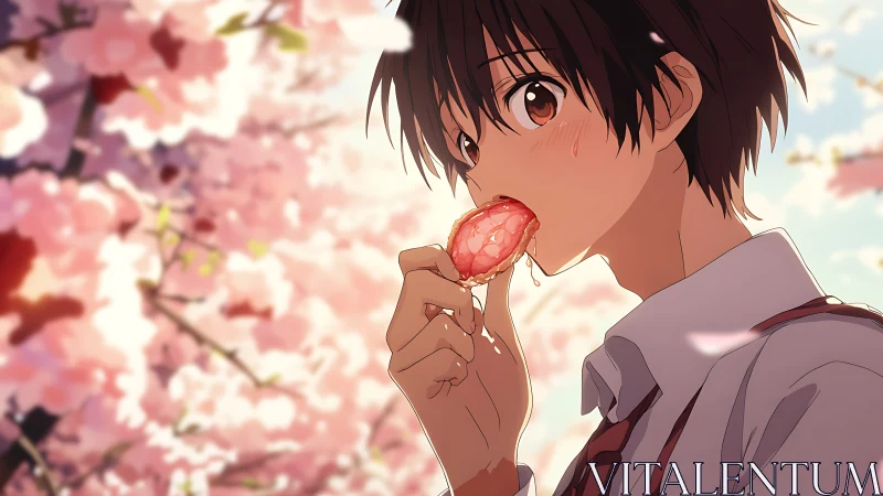 Anime boy eating wagashi beneath softly blurred sakura canopy