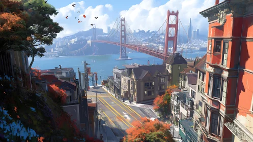 Sunlit San Francisco hill gazes toward the glowing bay bridge.