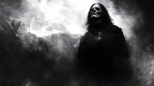 Hooded skeletal figure in dense monochrome smoke field.