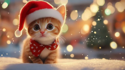 Tiny Christmas kitten in a Santa hat sharing cozy cheer.