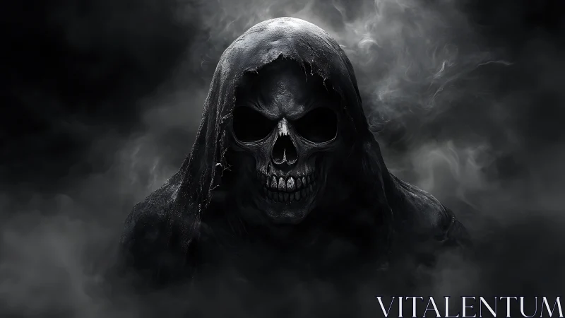 Hooded skeletal entity emerging through volumetric shadowfields.