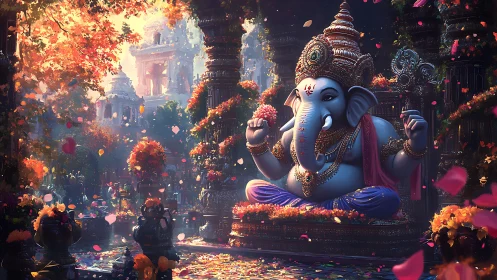 Ganesha deity seated in ornate temple courtyard with petals.