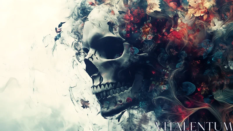 Skull dissolving into vivid floral smoke and embers.