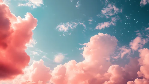 Dreamlike pink clouds under teal sky with sparkling stars.