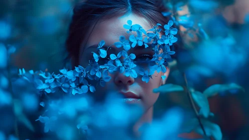 Blue-bloomed gaze hiding in surreal twilight garden.
