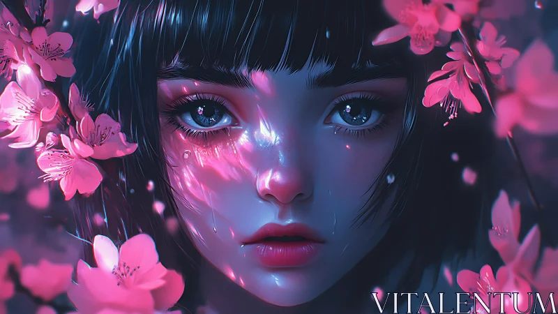 Digital painting portrait with sakura light mapping and tears.