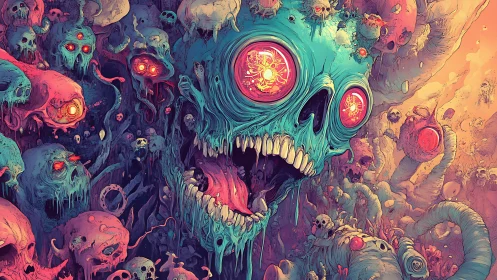 Neon necrotic skull swarm erupts in hyper-saturated horror tableau