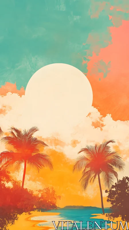 Tropical sunset panorama with stylized palms and lagoon glow.