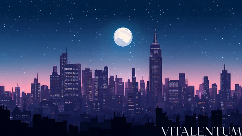 Night city skyline under full moon with gradient sky.