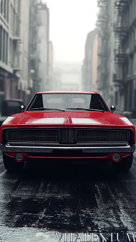 Crimson muscle car prowls a rain glazed city boulevard.
