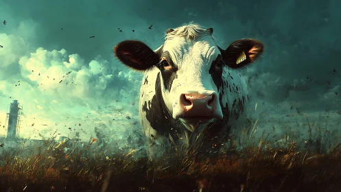 Cinematic digital painting of a cow in stormlit pasturescape.