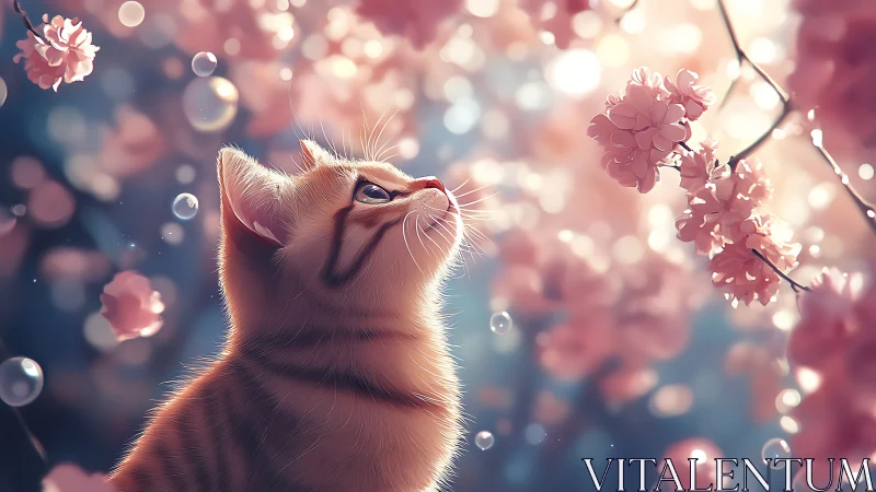 A Ginger Cat's Moment of Wonder Among Pink Blossoms.