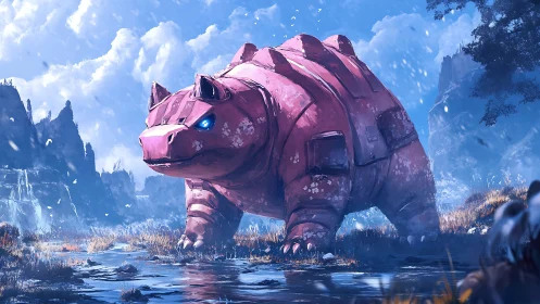 Colossal pink mechabeast roaming a frozen valley landscape.