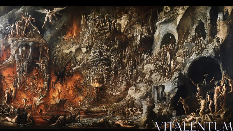 Panoramic infernal landscape renders densely layered damned souls