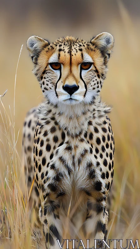 Cheetah stands poised in golden grassland, gaze locked ahead