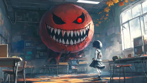 Bold schoolgirl calmly faces a menacing red classroom monster
