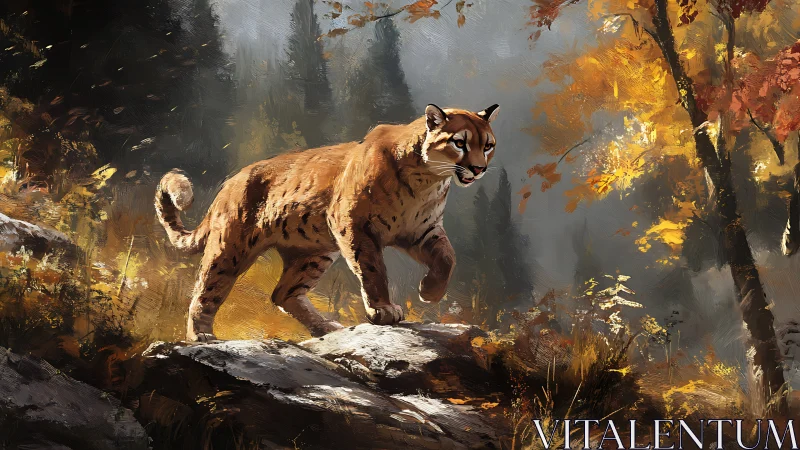 Mountain Lion in Autumn Forest.