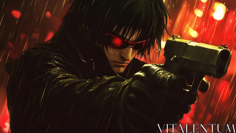 Armed figure in red lit rain with focused expression.