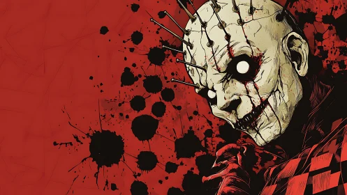 Needled skull jester grins through splattered crimson chaos