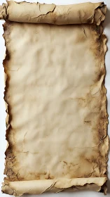 Weathered blank parchment scroll with scorched curled edges