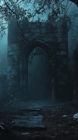 Gothic stone portal in misty blue forest environment at night.