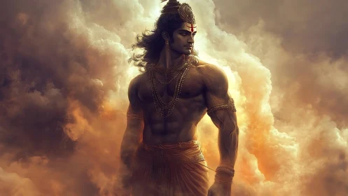 Muscular mythic figure stands in clouds with dramatic lighting