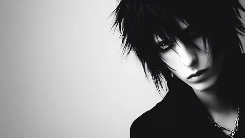 Monochrome stylized portrait of black haired person.