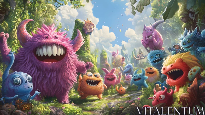 Fluffy monsters crowd lush jungle path under bright sky.