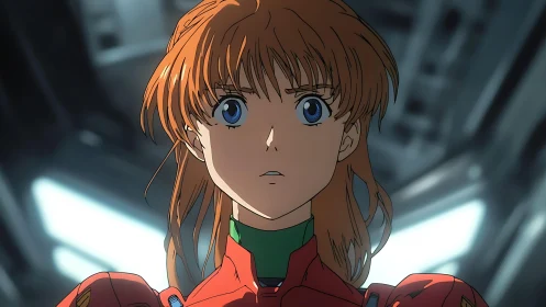 Anime pilot in red suit stands against blurred metallic interior