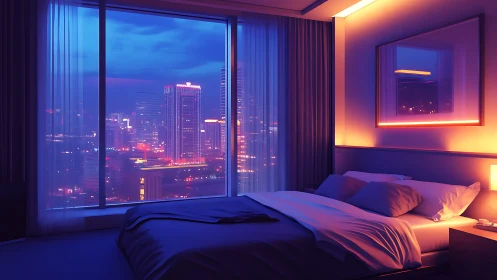 City hotel bedroom with neon dusk skyline view.