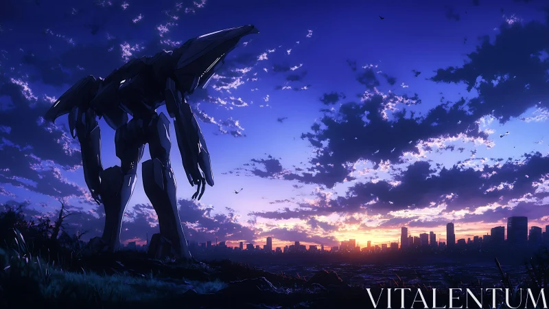Cinematic anime mecha silhouette against twilight city skyline.