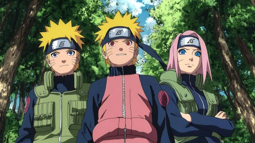 Anime ninja trio standing in forest, focused forward.