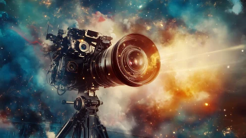 Cinematic camera portal exploding through vibrant nebulae.