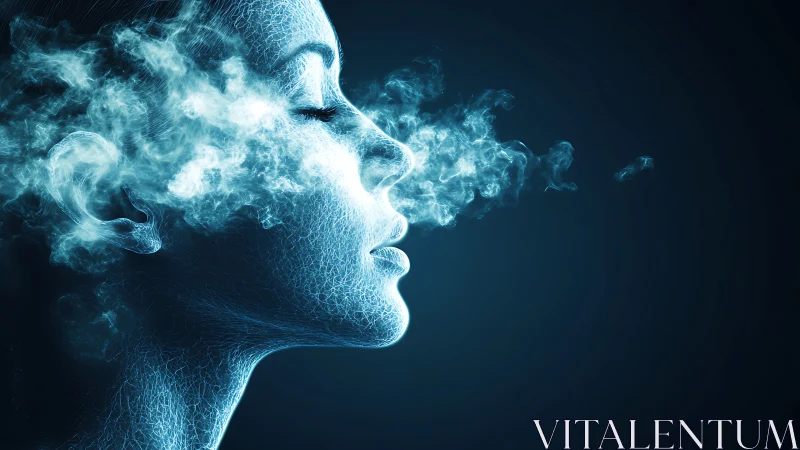 Luminous digital profile dissolving into swirling mist.