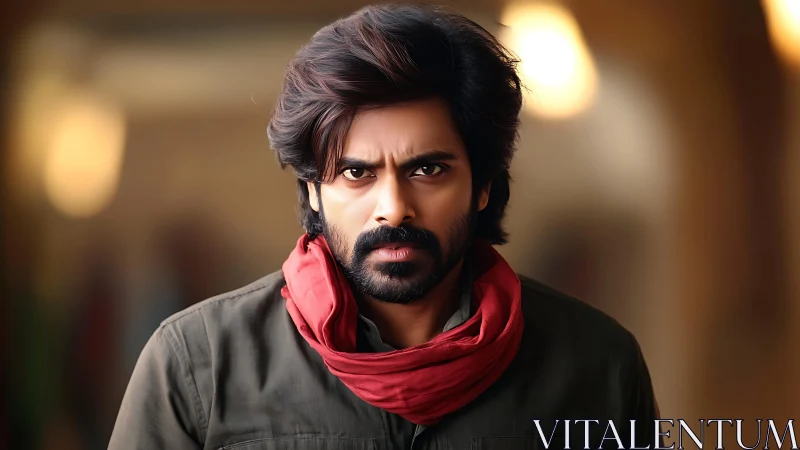 Intense man with red scarf meets the viewer with quiet fire