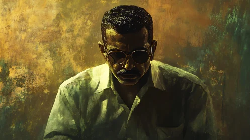 Brooding man in shadowed light contemplates in muted golds