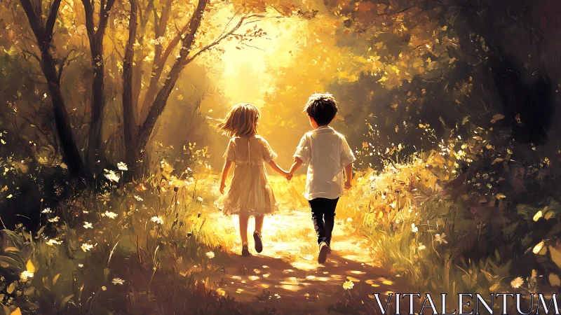 Children Running Through Golden Forest Pathway at Sunset.